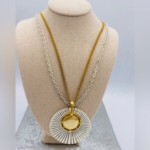 Vintage Double Chain Necklace With Starburst Pendant Gold Tone And White Enamel.
